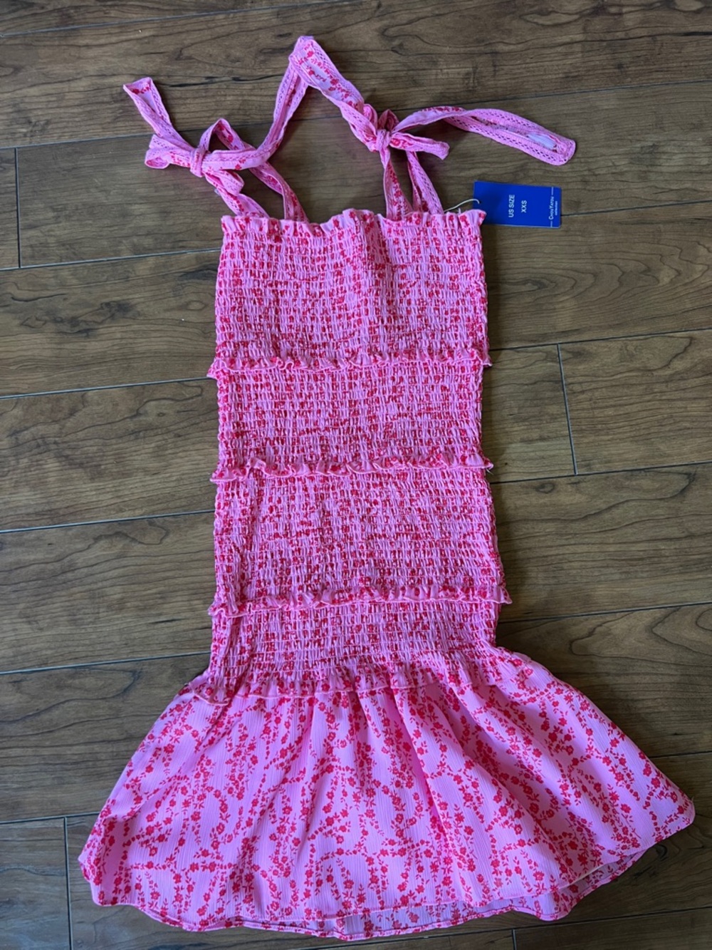 Amazon Pink Floral Smocked Tie-Shoulder Mini Dress